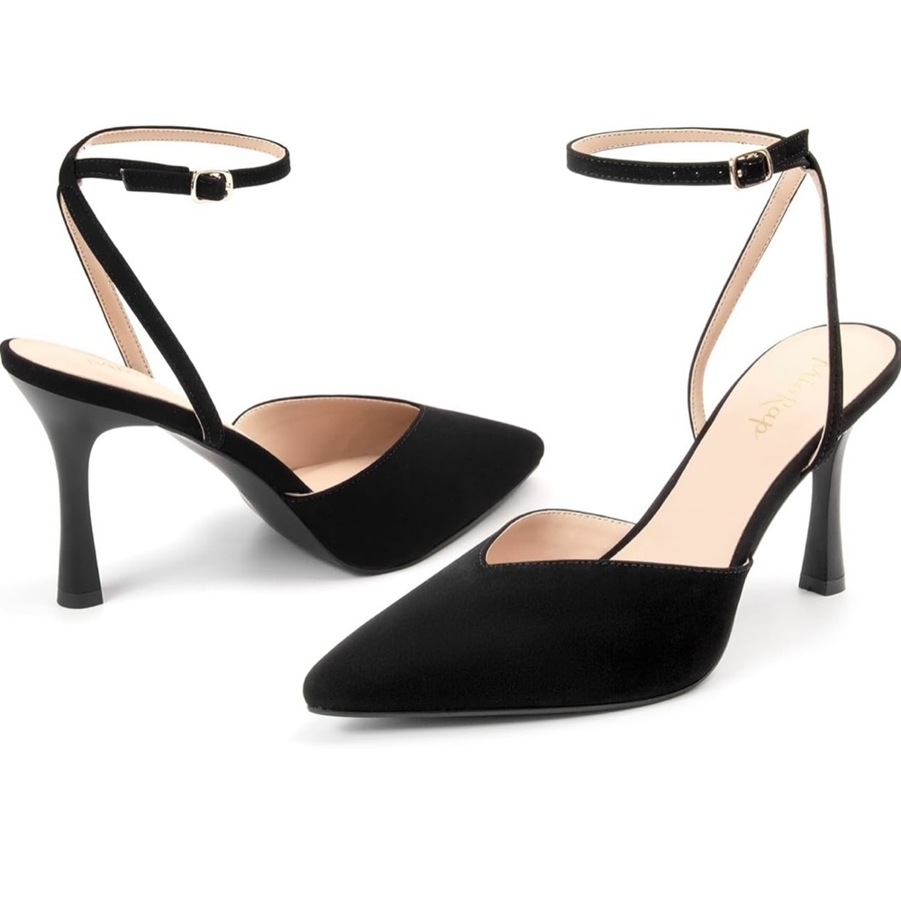 Miorap Elegant Closed Toe Suede Kitten Slingback Heels Black Ankle Strap 7.5 NWT - Picture 4 of 6